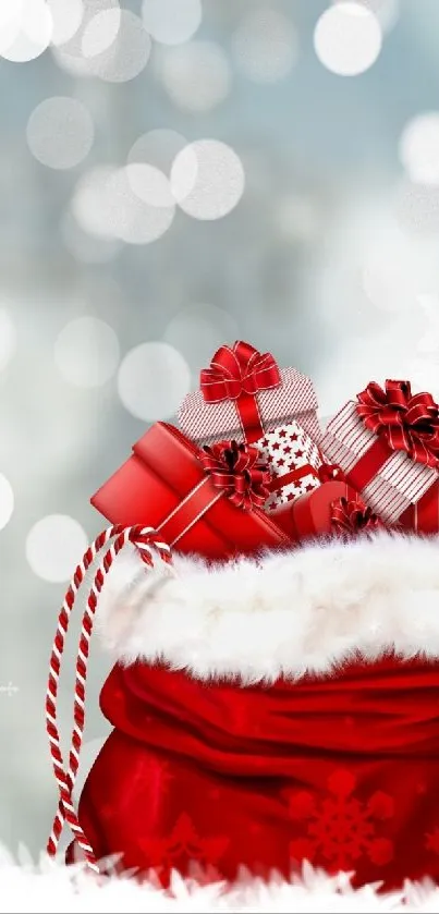 Festive red gift sack with snowflakes and bokeh.