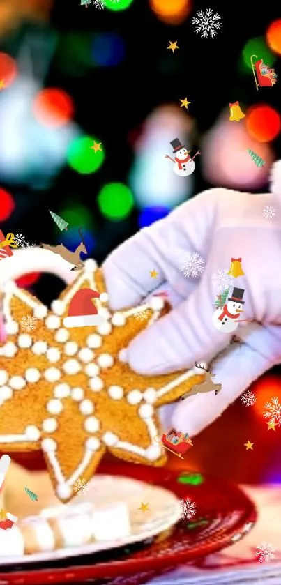Santa's hand placing a star-shaped gingerbread cookie with colorful festive background.