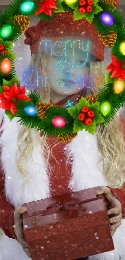 Girl in red with a gift and festive wreath in a snowy scene.