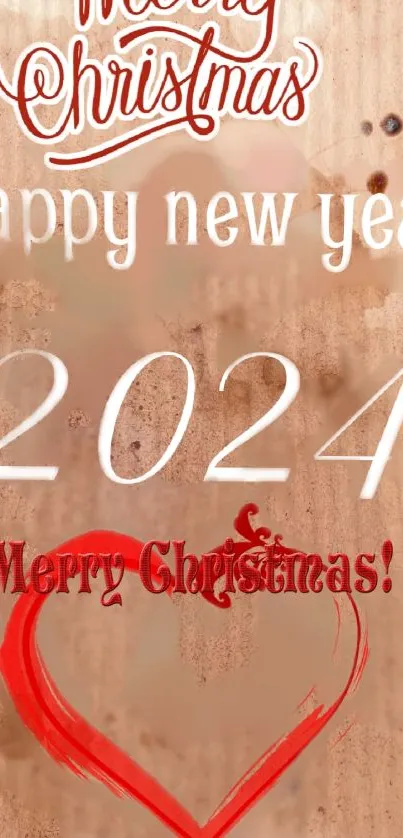 Festive Christmas and New Year 2024 wallpaper with greetings and heart design.