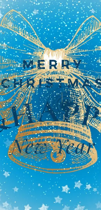 Festive blue wallpaper with Christmas bells and holiday greetings.