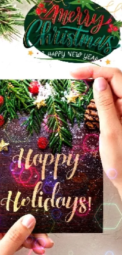 Festive holiday card with Merry Christmas and Happy Holidays text.