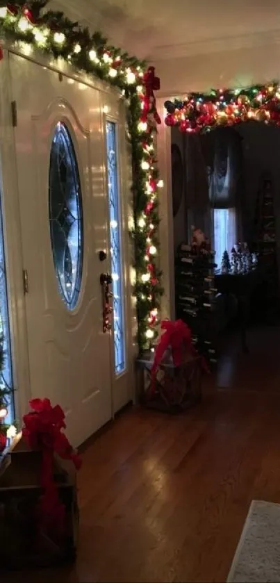 Festive hallway with Christmas garlands and lights.