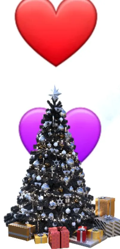 Festive holiday wallpaper with tree, presents, and colorful hearts.