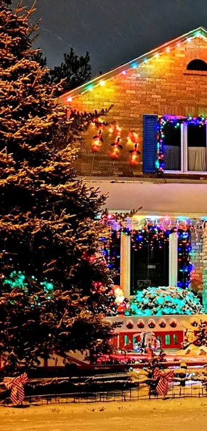 Festive house with colorful Christmas lights at night.