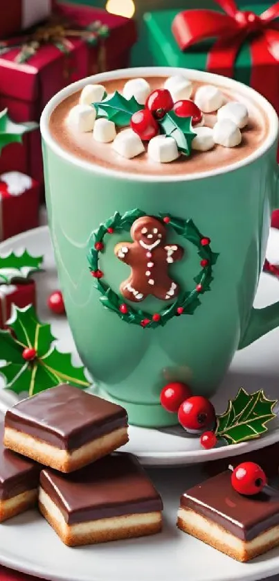 A festive mug of hot chocolate with gingerbread and holly decorations.