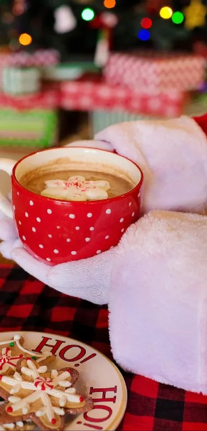 Santa holding a festive mug of hot cocoa with Christmas cookies nearby.