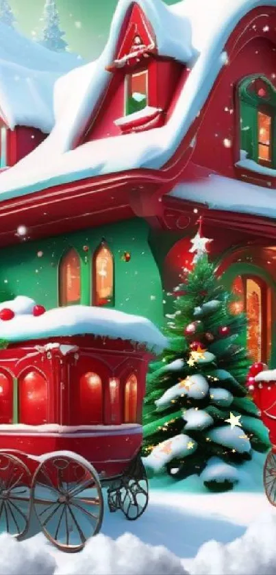 Festive holiday house with snow and red green decor.