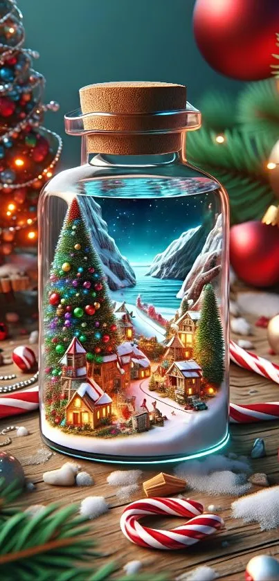 Miniature winter village in a jar with festive decor and lights.