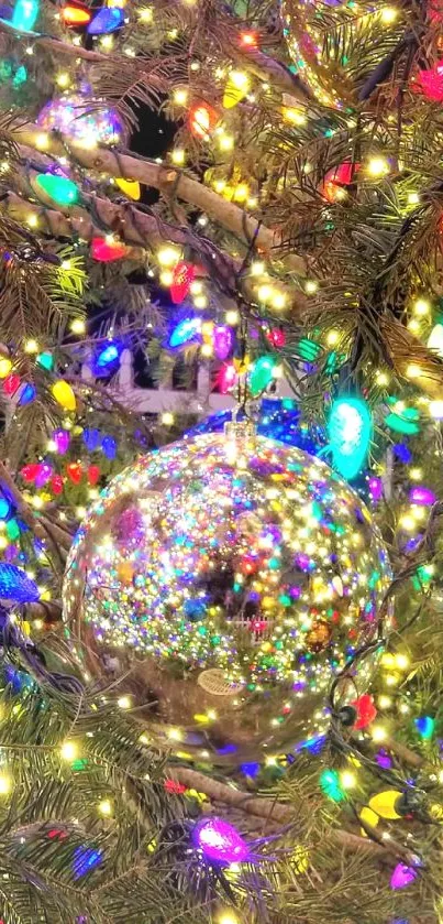 Colorful holiday lights and ornament on a tree