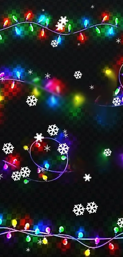 Colorful Christmas lights on black background with snowflakes.