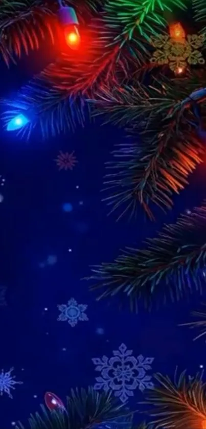 Festive Christmas lights with snowflakes on dark blue background.