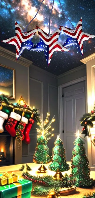 Festive living room with starry ceiling and Christmas decorations.