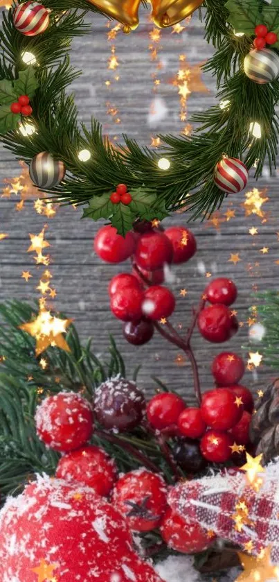 Festive mobile wallpaper with Christmas wreath and berries.