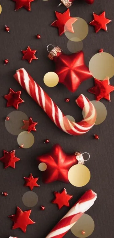 Christmas-themed mobile wallpaper with ornaments, candy canes, and snowflakes.