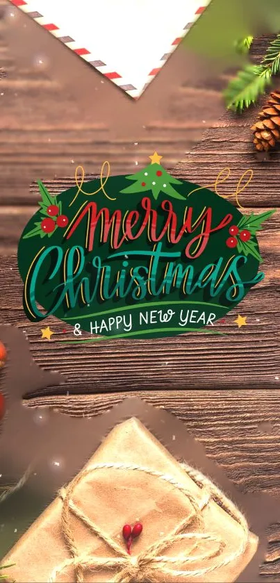 Festive mobile wallpaper with Merry Christmas wishes, pine cones, and rustic wood.