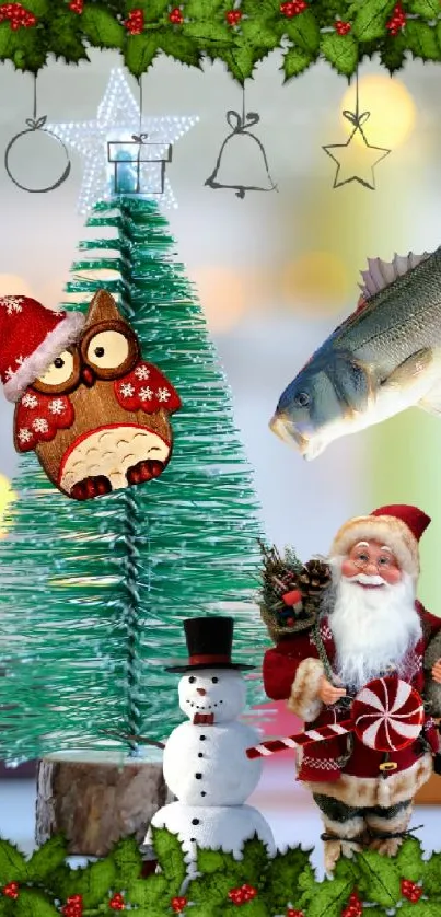 Festive Christmas mobile wallpaper with Santa, snowman, and holiday decorations.