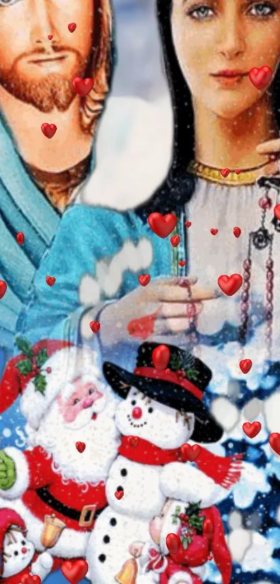 Festive wallpaper with religious figures, Santa, snowmen, and red hearts.