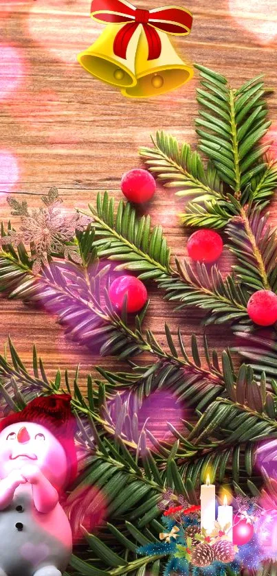 Festive holiday wallpaper with pine branches and Christmas elements.