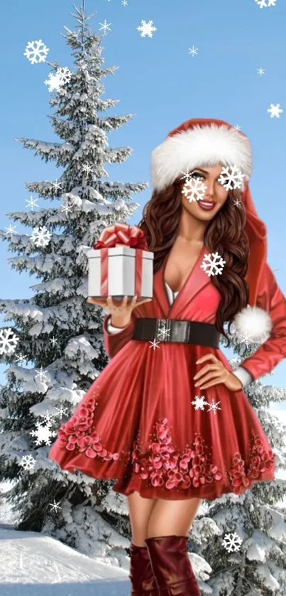 Festive Santa-themed mobile wallpaper with snow-covered trees and snowflakes.
