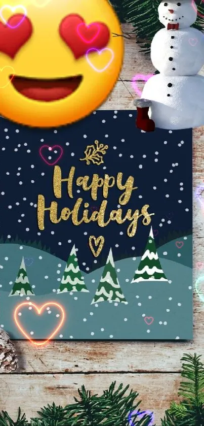 Festive holiday wallpaper with emoji, snowman, and winter decorations.