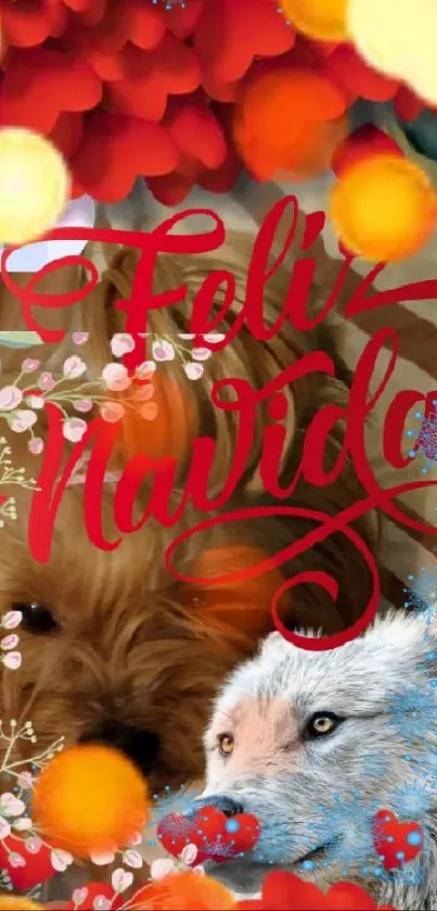 Festive mobile wallpaper with red flowers and holiday greeting.