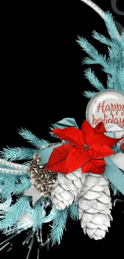 Festive holiday wreath wallpaper with black background and vibrant accents.