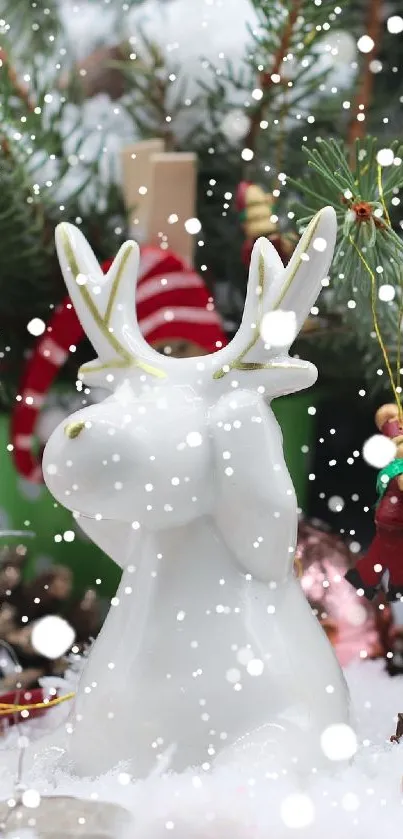 Festive scene with reindeer and ornaments on snowy ground.