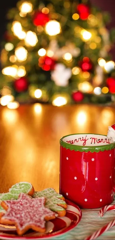 Festive red mug with cookies and Christmas tree.