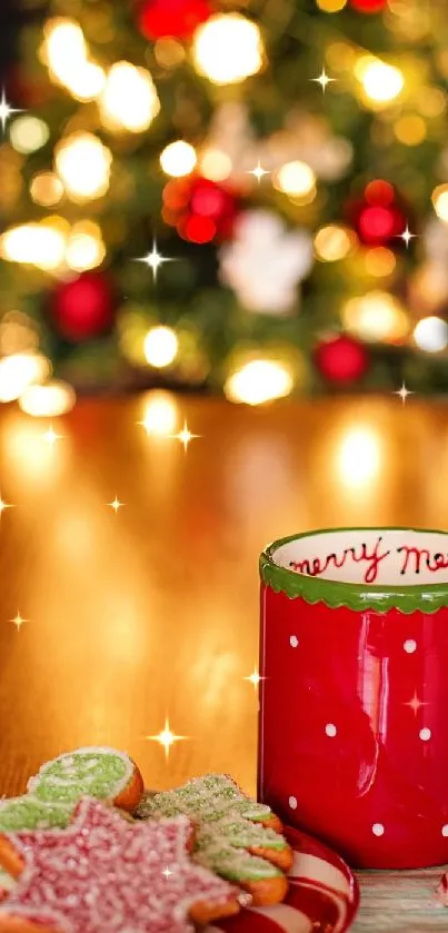 Festive red mug and cookies with a lit Christmas tree background.