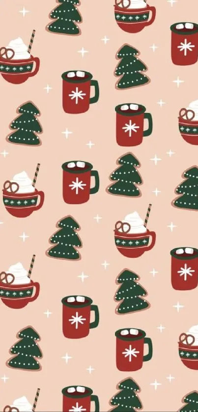 Festive holiday mugs and Christmas trees wallpaper on a peach background.