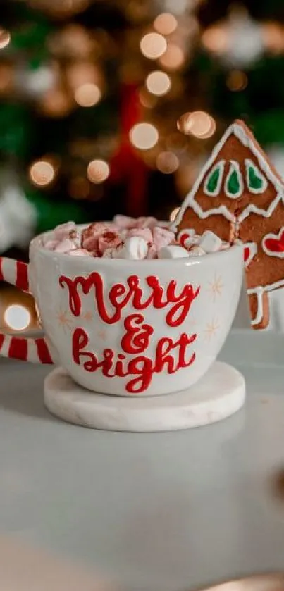 Festive mug and gingerbread wallpaper for mobile.