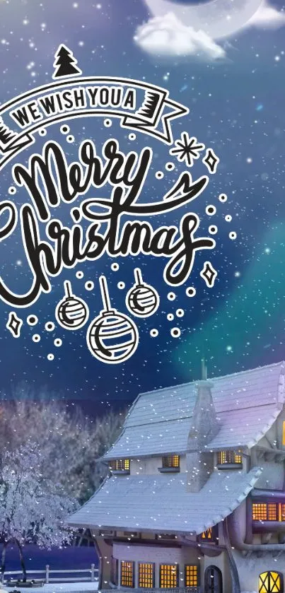 Merry Christmas wallpaper with snowy cottage and starry sky.