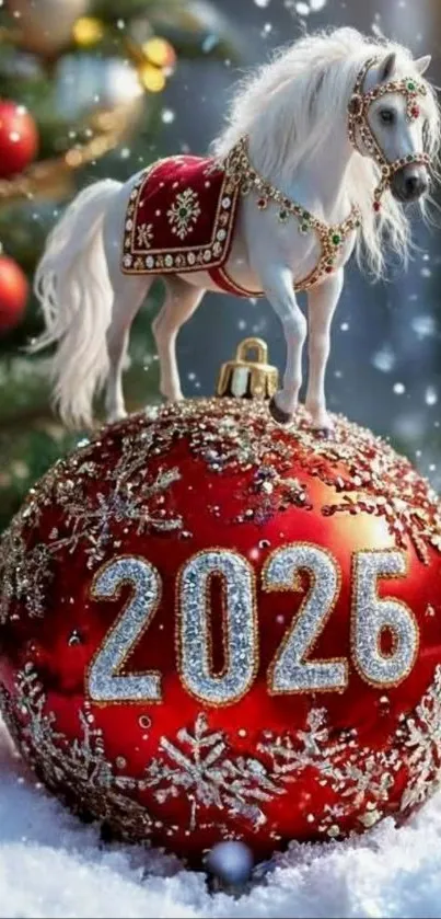 White horse on red 2025 ornament with snow and tree.