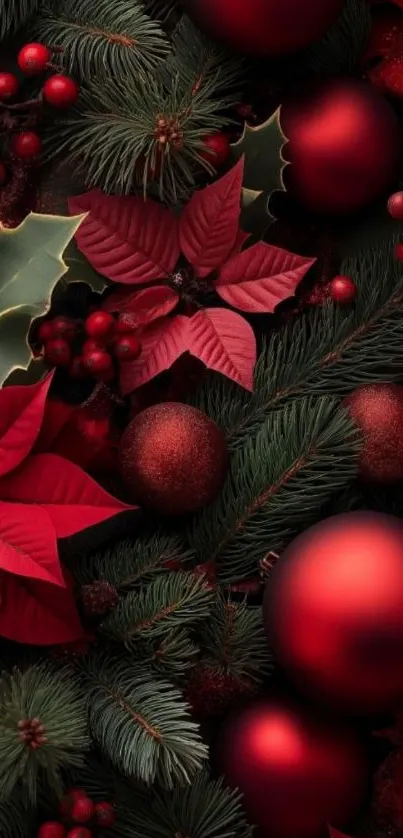 Christmas themed wallpaper with red ornaments and poinsettias.