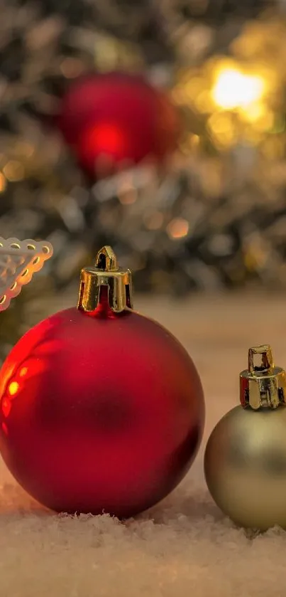 Christmas wallpaper with ornaments and glowing lantern in festive setting.