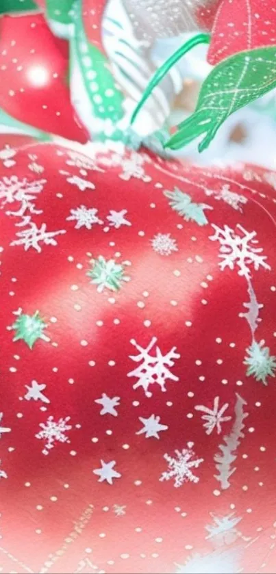 Red ornament with snowflake patterns on a mobile wallpaper.