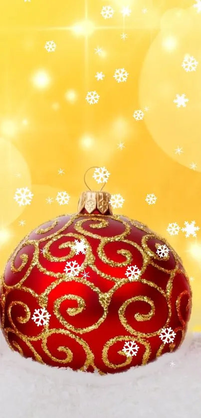 Red ornament with golden swirls on yellow background.