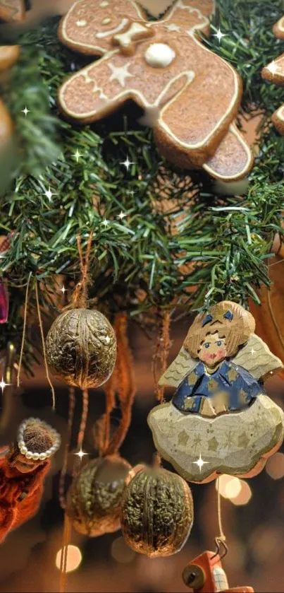 Ornaments with gingerbread and festive pine accents showcase holiday spirit.