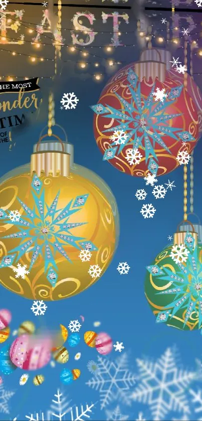 Festive holiday wallpaper with ornaments and snowflakes on a blue background.