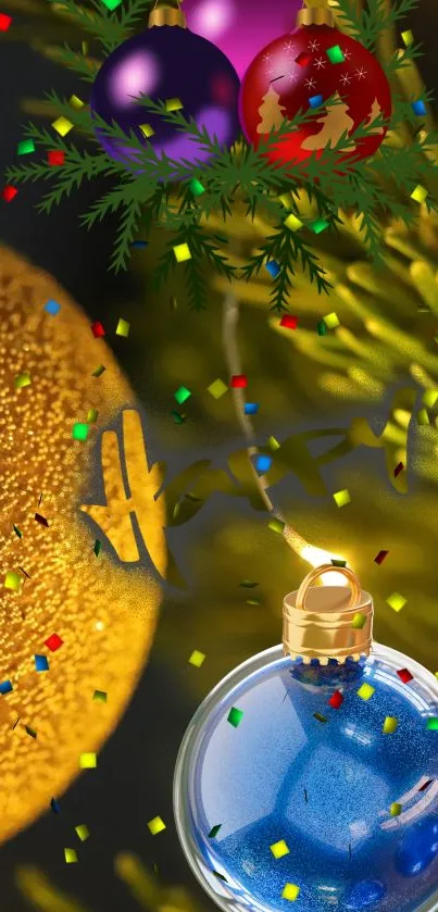 Vibrant holiday wallpaper with ornaments and festive decorations.