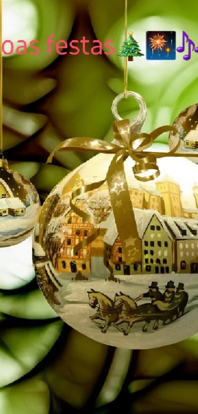 Festive holiday ornaments on a green background with winter scenes.