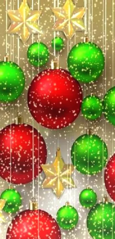 Festive Christmas wallpaper with red and green ornaments and gold stars.