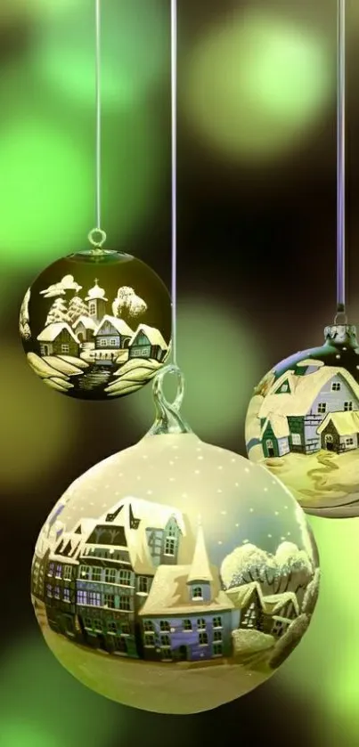 Festive Christmas ornaments with green bokeh background on phone wallpaper.