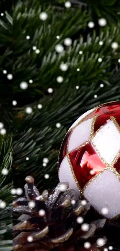 Festive Christmas ornament among pine needles and snowflakes.