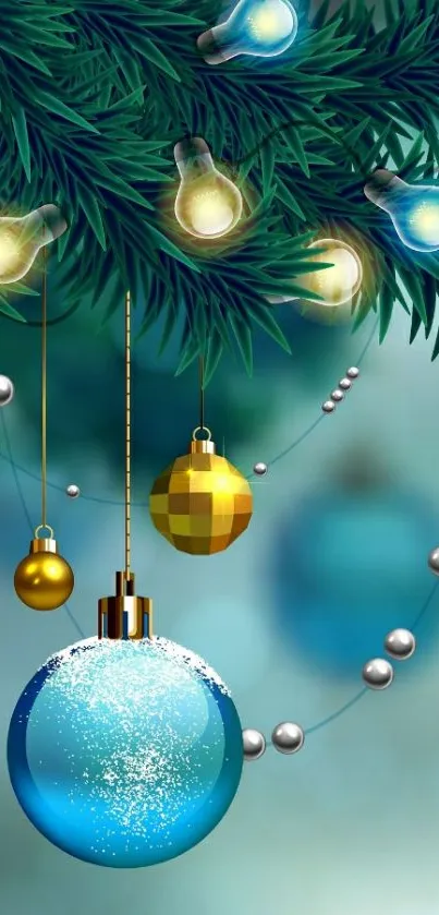 Festive mobile wallpaper with holiday ornaments and glowing garland.