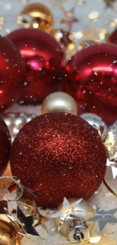 Vibrant red and gold Christmas ornaments creating a festive holiday scene.