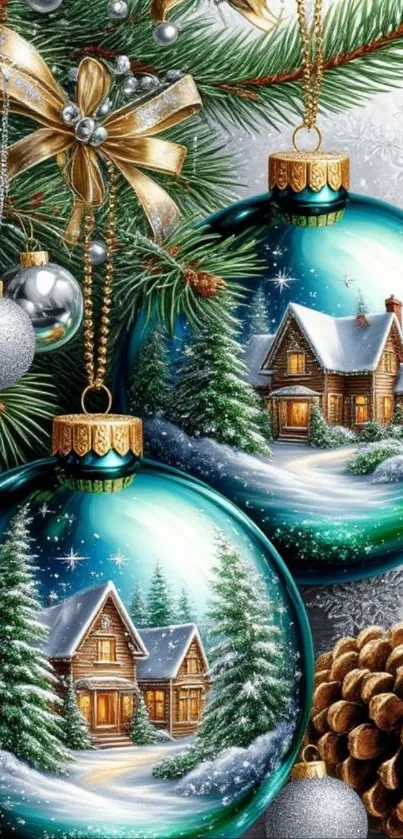Festive wallpaper with Christmas ornaments and cabins.