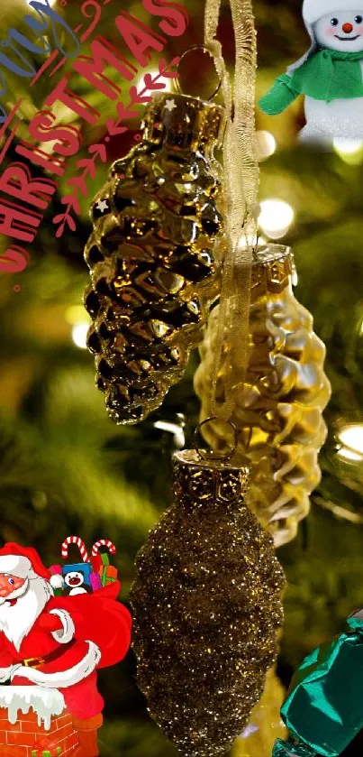 Christmas wallpaper with golden baubles and festive figures.