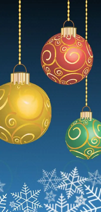 Vibrant wallpaper with colorful ornaments and snowflakes on blue.